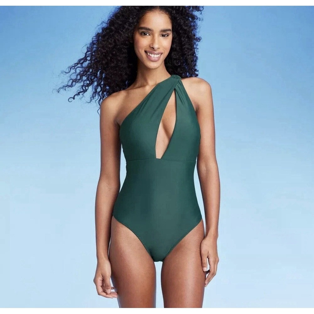 Shade & Shore Women's One Shoulder Plunge Cut Out One Piece Swimsuit Green Large
